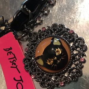 Betsey Johnson bracelet vintage goth cat kitten charm bow velvet chain crystal